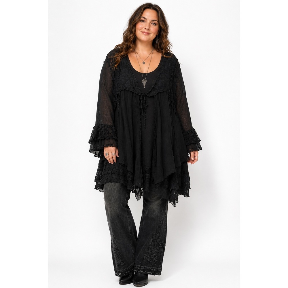 Pretty Angel Tunic Dress 3X Black Lace Tiered Ruffle Boho Lagenlook Gothic